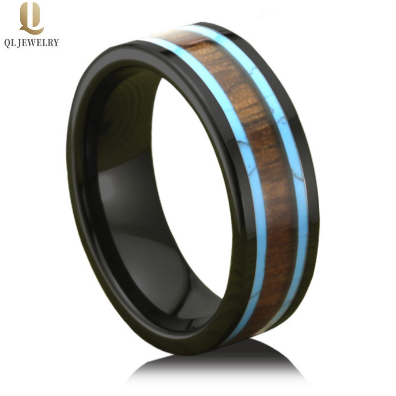 Anello in ceramica nera ad alta lucidata koa in legno di koa e inlay intarsi in ceramica bande di nozze di moda modello in ceramica in ceramica