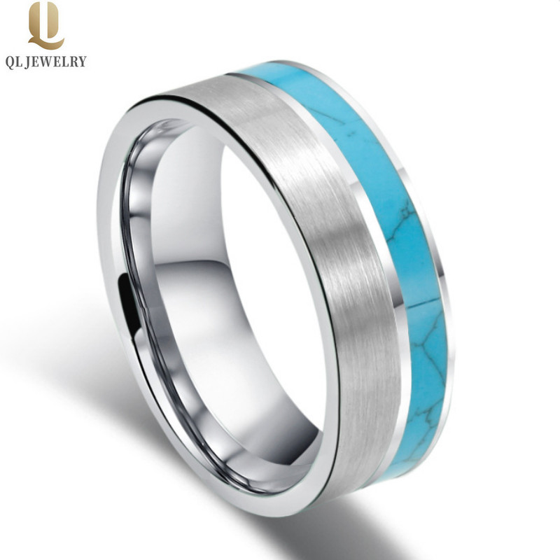 HOTSALE Bandes de mariage pour hommes 8mm Satin Satin Brossé Bague en carbure de tungstène avec turquoise Inlay Chine Fabricant