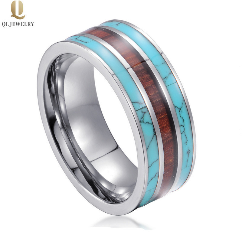 Bandes de mariage de carbure de tungstène plats polis de 8 mm de hauteur populaire avec turquoise et inlay en bois usine