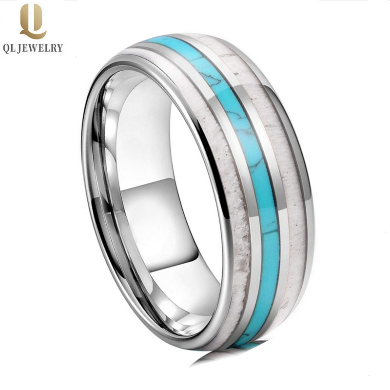 Amazing 8mm Bandes de mariage en carbure de tungstène en forme de tungstène en forme de tungstène en bois chaud et turquoise et en bois Inlay Fabricant