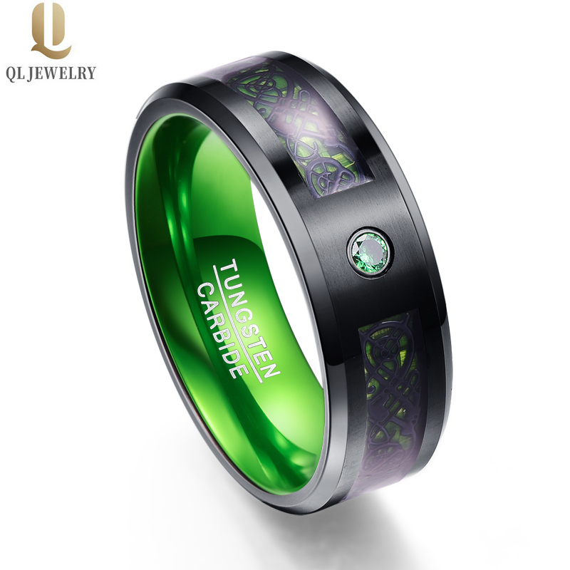 Amazing Men\'s Wedding Bands 8mm Satin Brushed Black Tungsten Carbide Ring with Celtic Ring Green Carbon Fiber and Green CZ Stone inlay and Alluminum Green innerband China Manufacturer