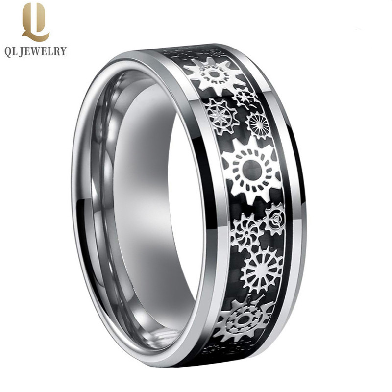 Bagues de mariée en gros pour hommes Bague en carbure de tungstène avec équipement mécanique et inlay de fibre de carbone noir Fabricant