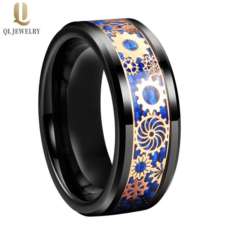 Anello di carburo di tungsteno nero di nuovo stile da uomo con ingranaggio meccanico in oro rosa e fibra di carbonio in intarsi in fibra di carbonio blu fabbrica