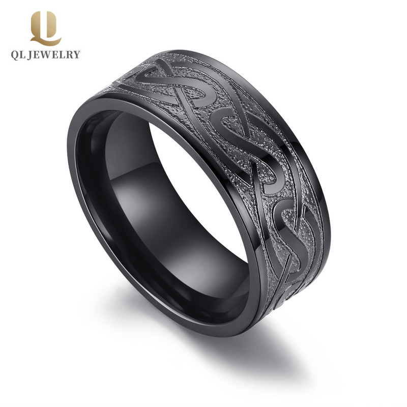 Beliebte Herren Schwarz Zirkonium-Hochzeitsbänder 8mm flach Celtic Knoten Design Schwarz Zirkonium Ring China Hersteller