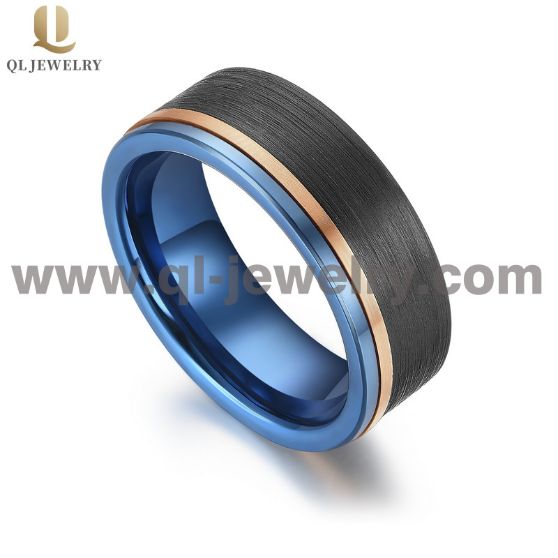 High Quality 8mm Three Toned Mens Wedding Bands Men\'s Black Carbon Fiber and Blue Rose Gold Tungsten Carbide Wedding Band China Manufacturer