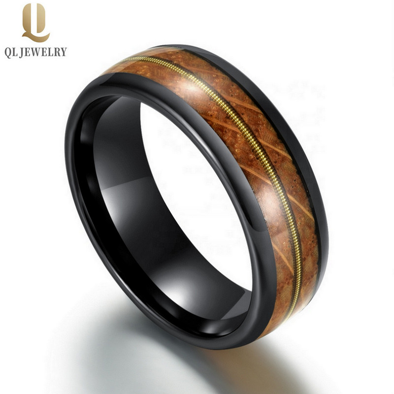 Incroyable Bague de guitare de 8mm Bague de Whisky Baril de Whisky Boîtier et guitare Entrée Dôme Bandes De Mariage Tungstène Noir Chine Fabricant