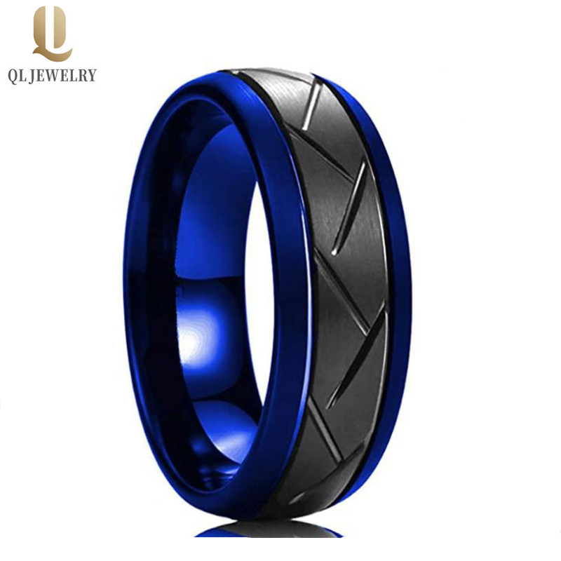 High Quality 8mm Two Toned Tungsten Carbide Ring Blue and Black Domed Grooved Tungsten Wedding Bands China Supplier
