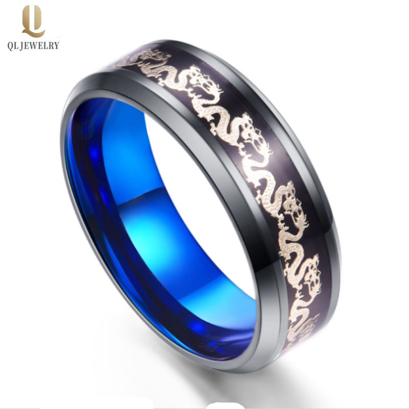Amazing Two Toned Mens Wedding Bands Black and Blue Tungsten Carbide Ring with Silver Chinese Dragon and Black Carbon Fiber Inlay China Manufacturer