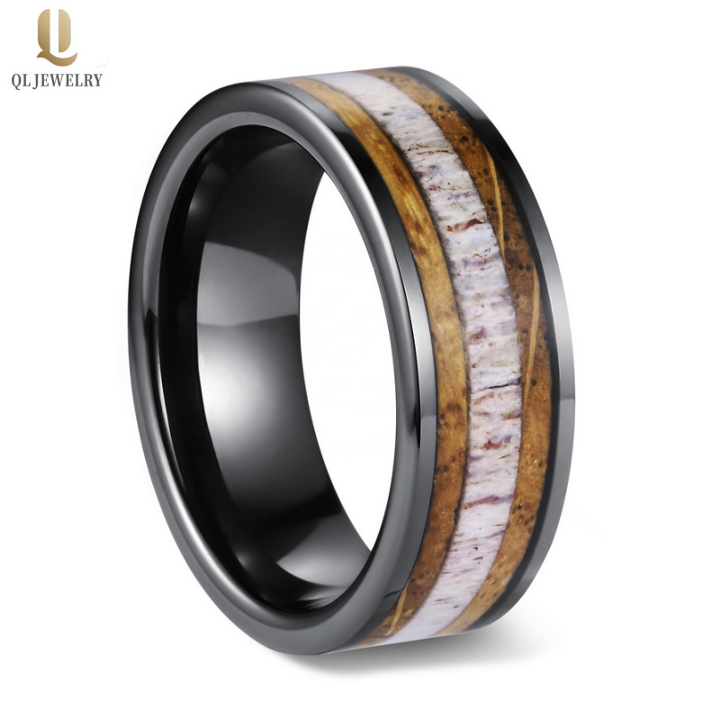 Bagues de mariage de tungstène de 8mm de 8mm de 8mm Bague en carbure de tungstène noir avec baril de whisky bois et antler Inlay Fabricant