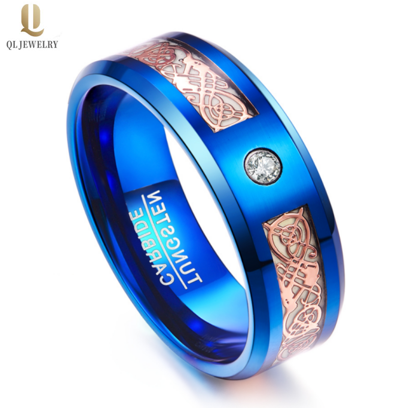 Hotsale Mens Band da sposa Band Blue Tungsteno Anello in carburo di tungsteno con oro rosa luminoso Drago celtico Inlay e 1 Bianco CZ Pietra Cina Produttore