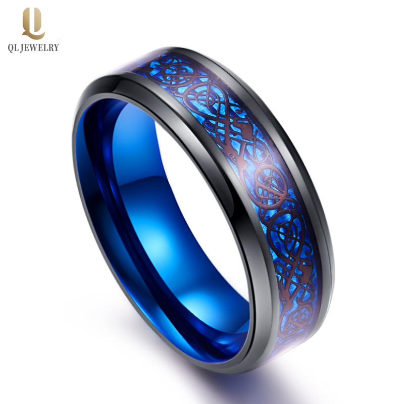Amazing Two Toned Mens Wedding Bands Black and Blue Tungsten Carbide Ring with Black Celtic Dragon and Blue Carbon Fiber Inlay China Manufacturer