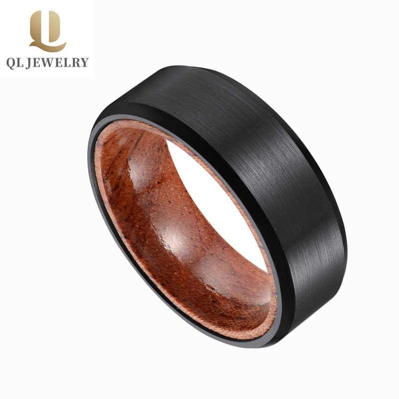KOA Wood Inlay Noir Bague en tungstène brossé 8mm Bande de mode Cool pour Hommes