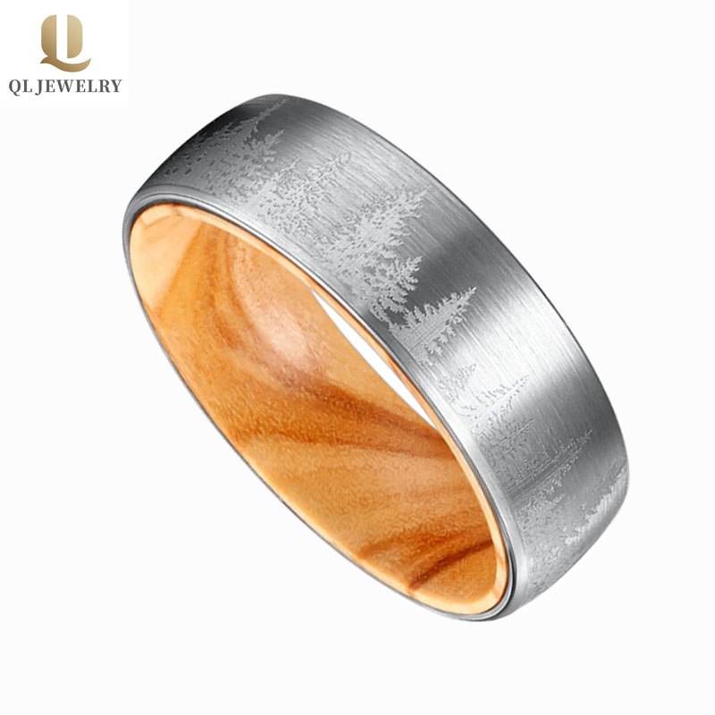 Solid Wood inlay Brushed Domed Tungsten Carbide Ring with Forest Trees Stamped engraving 8mm Fashion Jewelry Ring