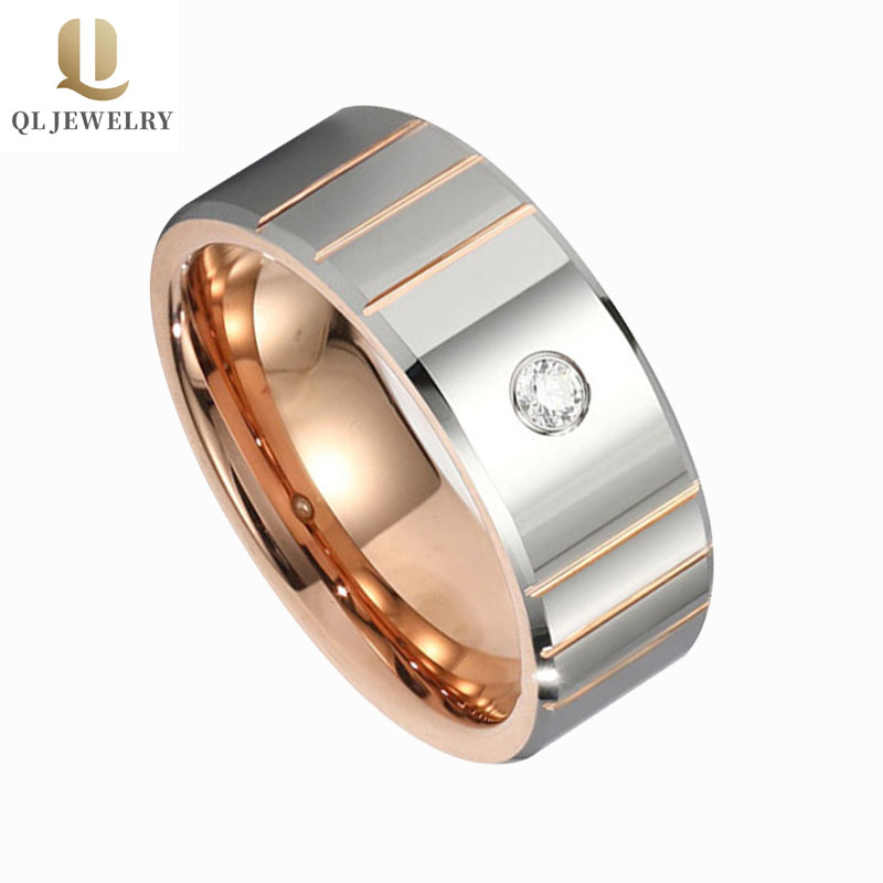 Fashion Rose gold Tungsten Ring with CZ inlay Wedding Band 8mm Polished