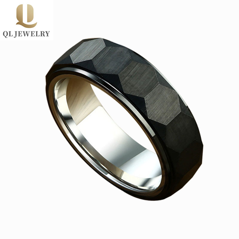 8mm Facet Black Top e Argento all'interno dell'anello in carburo di tungsteno Banda di finger da uomo