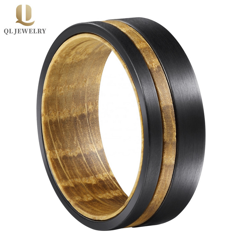 Bandes de mariage de tungstène d'hommes incroyables 8mm Bague en carbure de tungstène noir brossé avec baril de whisky Barel Band Bande Inner Fabricant