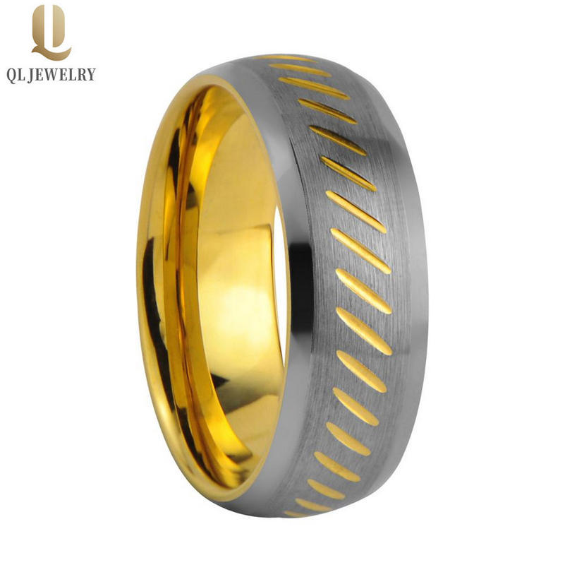 Hotsale Two Toned Gold and Silver Tungsten Wedding Bands 8mm Domed Gold Tungsten Carbide Ring with Beveled Edges and Engraved Lines China Supplier