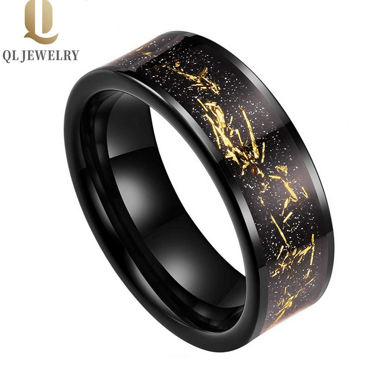 Meistverkaufte 8mm hochglanzpolierte Herren-Wolfram-Hochzeitsbänder Flache schwarze Wolframkarbid-Hochzeitsbänder mit Goldfolienfragmenten-Inlay China Hersteller