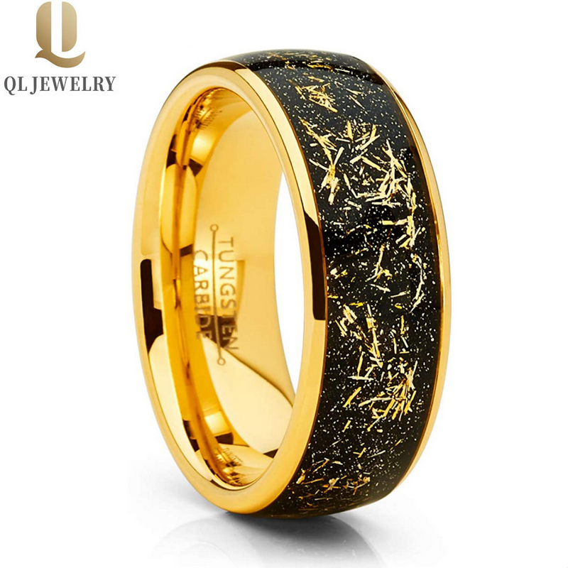 Cina Fedi nuziali in carburo di tungsteno in oro lucido con cupola alta 8 mm dal design unico con intarsi di frammenti di lamina d'oro Produttori