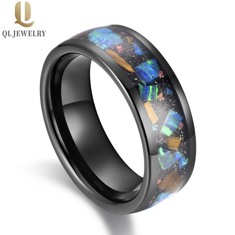 Bandes de mariage en tungstène pour hommes de 8 mm de haut les plus vendues Bandes de mariage en carbure de tungstène noir bombé avec pierre de sable et incrustation d'opale créée Fabricant de la Chine
