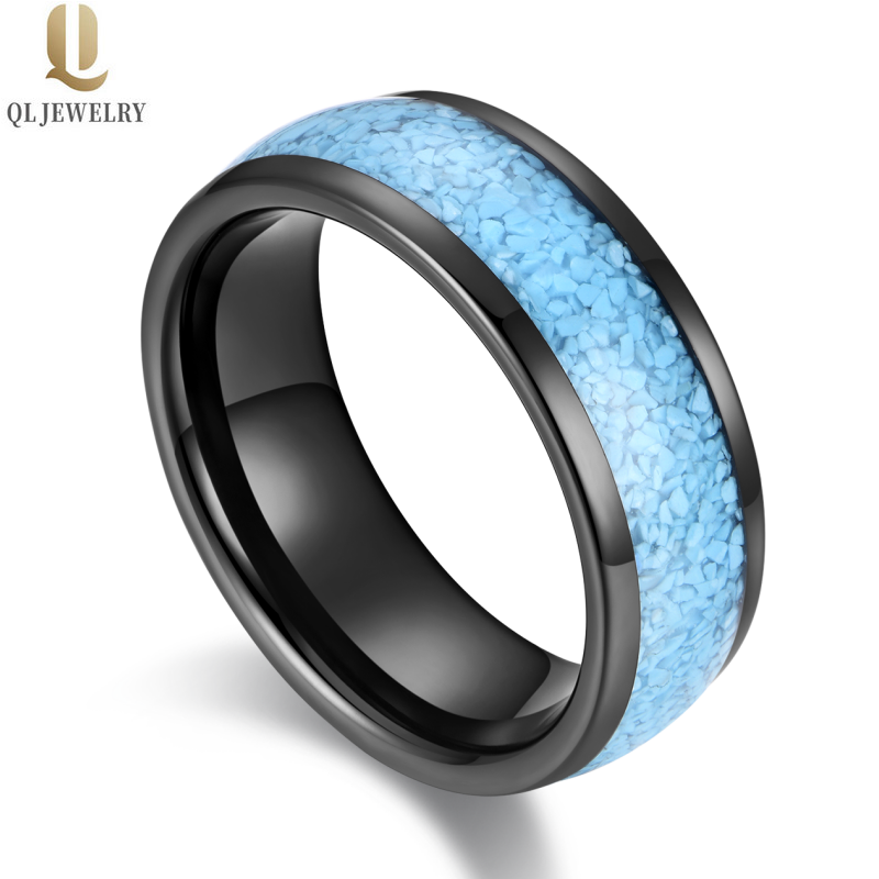 Cina Fedi nuziali in tungsteno da uomo lucide alte 8 mm più vendute Fedi nuziali in carburo di tungsteno nero bombate con intarsio turchese Produttore cinese