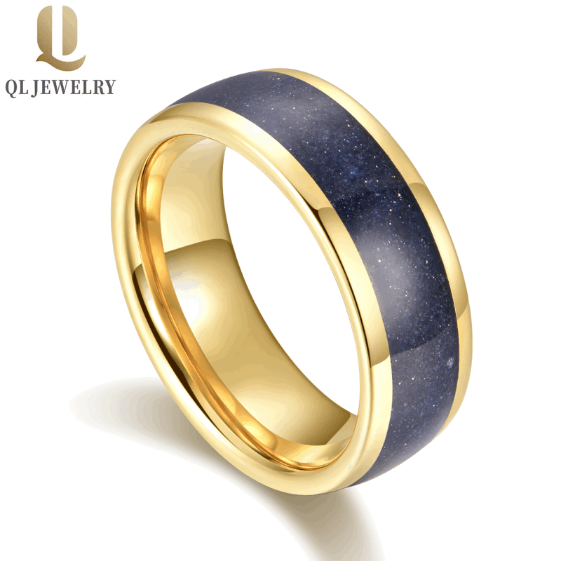Popular 8mm High Polished Men's Tungsten Wedding Bands Domed Gold Tungsten Carbide Wedding Bands with Blue SandStone Inlay China Manufacturer