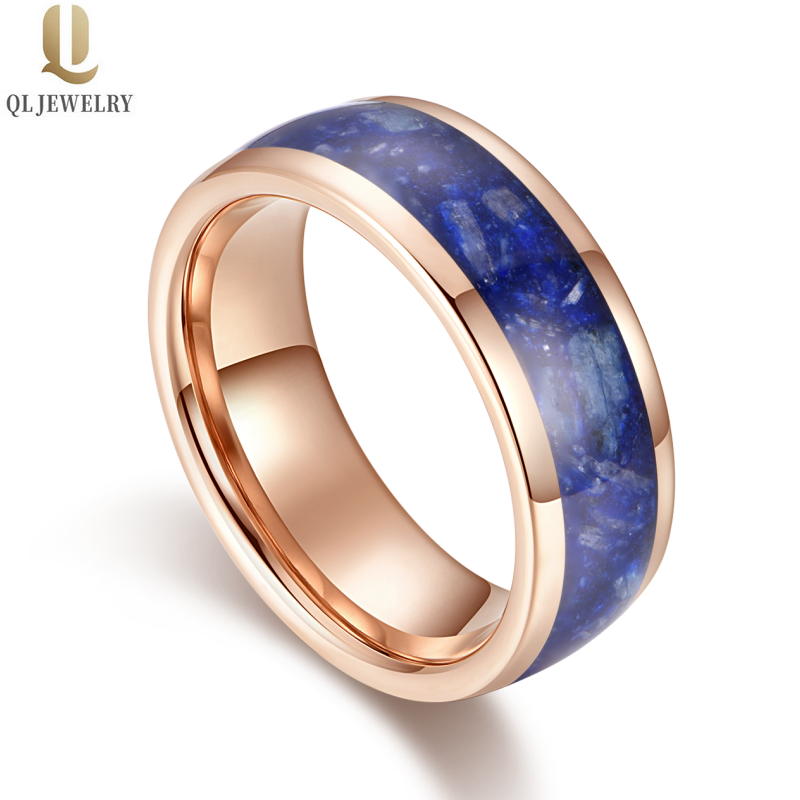 Popular 8mm High Polished Men's Tungsten Wedding Bands Domed Rose Gold Tungsten Carbide Wedding Bands with Blue Opal Inlay China Manufacturer