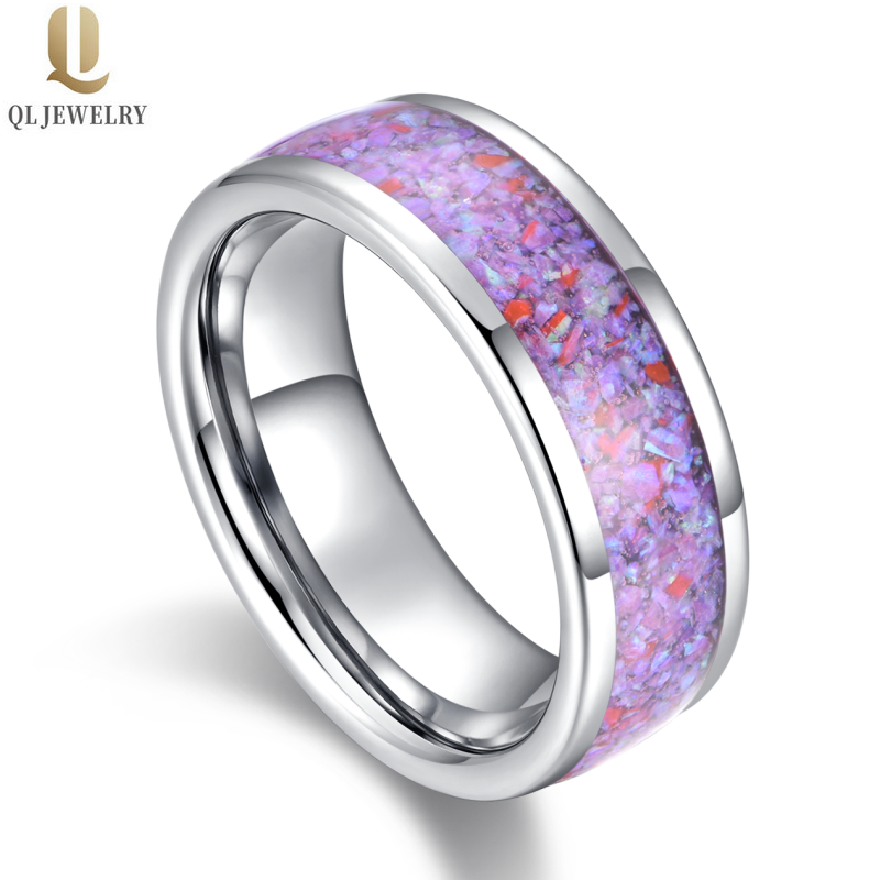 Bandes de mariage en tungstène pour hommes ou femmes unisexes en gros de 8 mm de haut poli Bandes de mariage en carbure de tungstène bombé avec incrustation d'opale pourpre Chine Fabricant