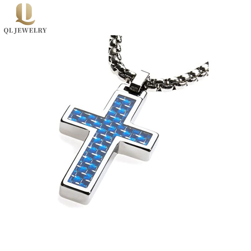 Pendentif en croix de tungstène incrusté de fibre de carbone bleu et blanc de vente chaude fabricant de la Chine