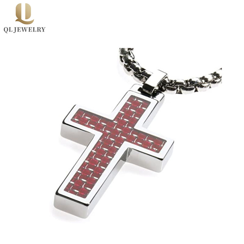 Pendentif en croix de tungstène incrusté de fibre de carbone rouge et blanc de vente chaude China Factory