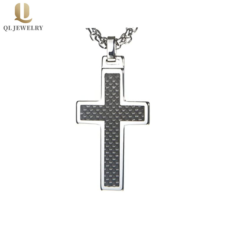 Pendentif en croix de tungstène avec incrustation de fibre de carbone noire de vente chaude Fabricant de la Chine