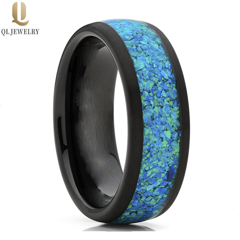 Cina Fedi nuziali in tungsteno da uomo lucidate alte 8 mm più vendute Fedi nuziali in carburo di tungsteno nero bombate con intarsio opale verde e blu Produttore cinese