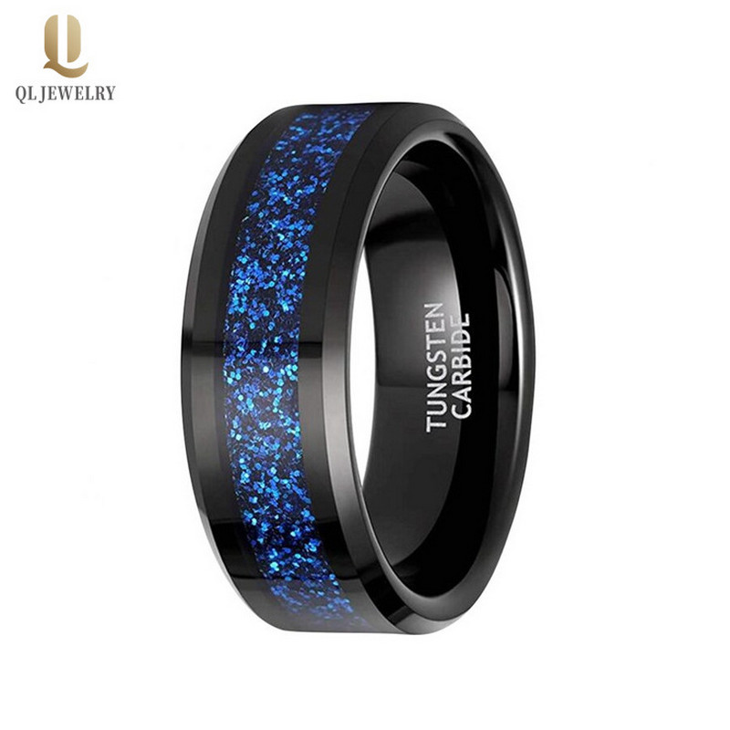 Chine Bandes de mariage en tungstène pour hommes polies de 8 mm de haut, bords plats et biseautés Bandes de mariage en carbure de tungstène noir avec incrustation d'opale bleue Fabricants