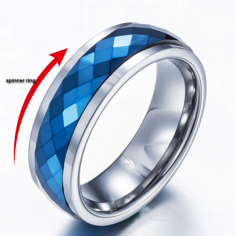 Bandes de mariage en tungstène bleu de haute qualité en forme de dôme à facettes bleu placage en carbure de tungstène Spinner Ring Chine fournisseur