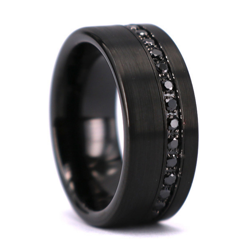 Unique 8mm Men's Wedding Bands Flat Black Brushed Tungsten Ring with Circle of Black CZ Stones China Manufacturer