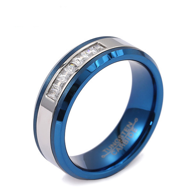 Hotsale 8mm Men's Wedding Bands Flat and Beveled Edges Blue and Silver Tungsten Ring with 7 White CZ Stones China Manufacturer