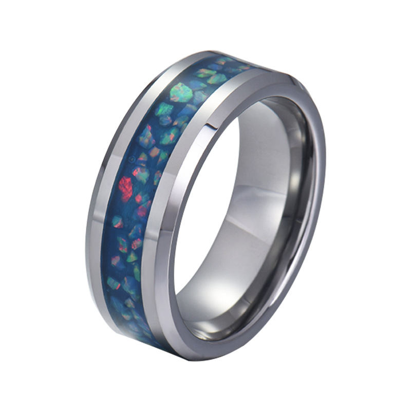 Chine Bandes de mariage en tungstène polies pour hommes ou femmes de 8 mm de haut pour hommes ou femmes en gros Bague en carbure de tungstène à bords plats et biseautés avec incrustation d'opale bleue Fabricants