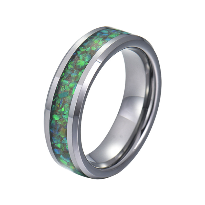 Wholesale Unisex Men's or Women's 8mm High Polished Men's Tungsten Wedding Bands Flat and Beveled Edges Tungsten Carbide Ring with Green Opal Inlay China Manufacturer