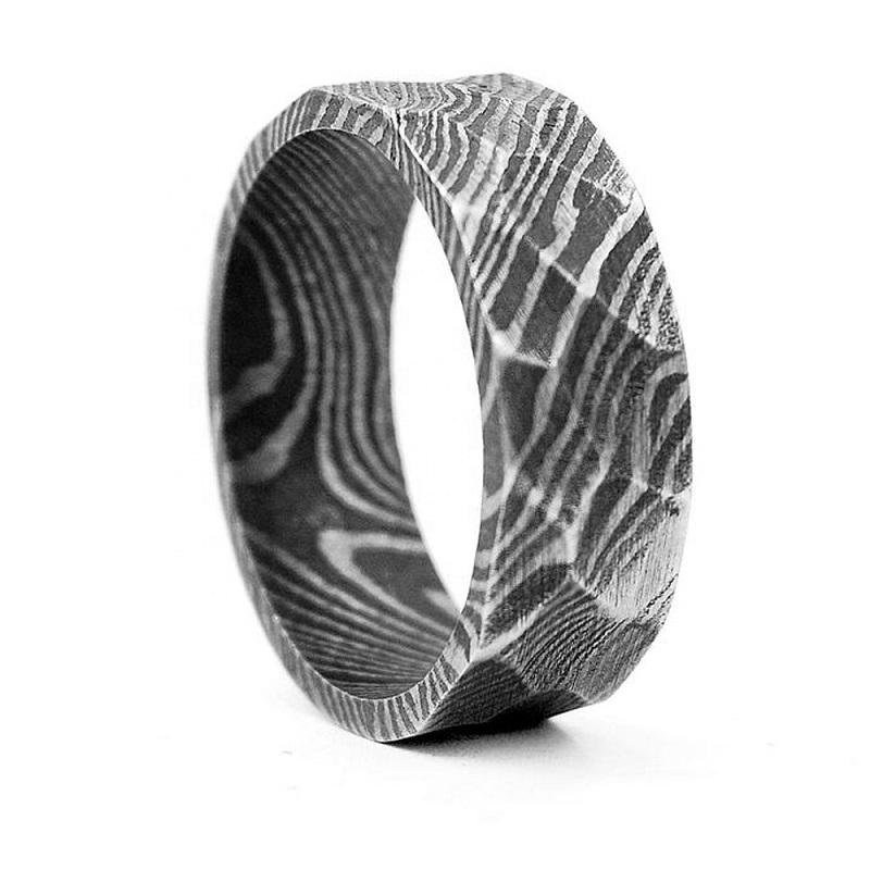Unique Mens Wedding Band 8mm Hammered Flat Black Damascus Steel Ring China Manufacturer