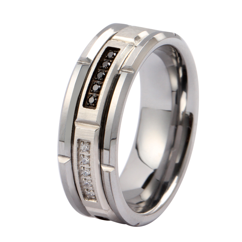 Popular 8mm Brick Grooved Men's Wedding Bands Flat and Beveled Edges Brick Tungsten Ring with Black and White CZ Stones Inlay China Manufacturer