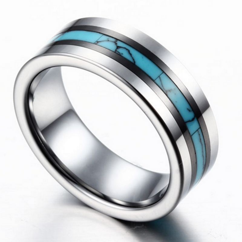 Beliebte 8 mm Wolfram-Eheringe für Männer Hochglanzpolierter Wolframkarbid-Ring mit schwarzer Keramik und zerkleinertem Türkis-Inlay China-Hersteller