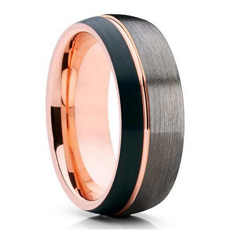 Bague unique en carbure de tungstène triple tonalité de 8 mm Bague en tungstène brossé noir mat Côté mince Ligne de rainure en or rose Forme de dôme Bord Confort Fit Fournisseur de la Chine