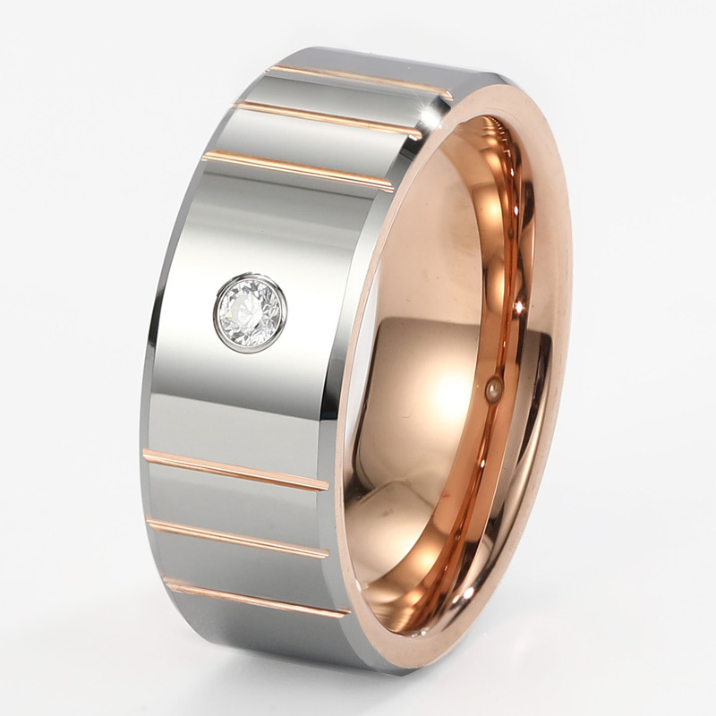 Chine Bandes de mariage populaires pour hommes rainurées de 8 mm, or rose poli et argent, bords plats et biseautés, bague en tungstène avec incrustation de pierres blanches CZ Fabricants