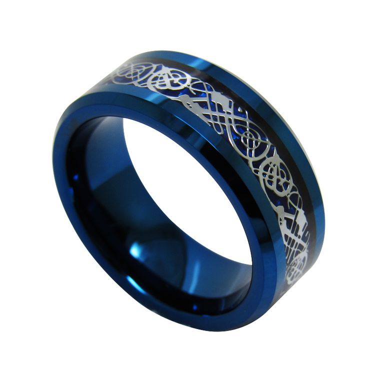Tungsten Ring in Stock Popular 8mm High polished Blue Plating Men's Flat Beveled Edges Tungsten Carbide Ring with Silver Dragon and Blue Carbon Fiber inlay China Manufacturer