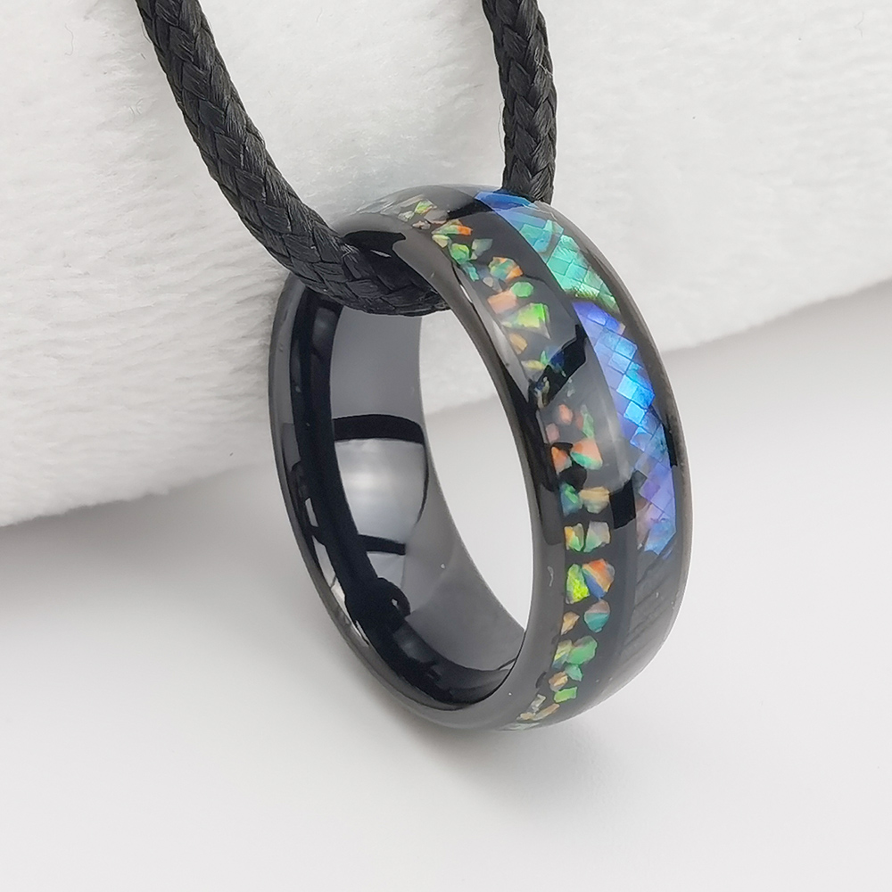 Anello di tungsteno in stock Popolare Anello di tungsteno nero a cupola lucidato da 8 mm con intarsio di opale e conchiglia di ablone Fornitore della Cina