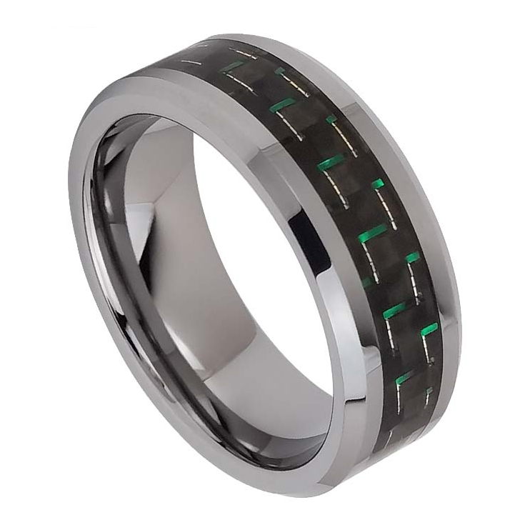 Chine Bague en tungstène en stock Bague en carbure de tungstène à bords biseautés plats populaires en argent poli de 8 mm avec incrustation en fibre de carbone noire et verte Fabricants