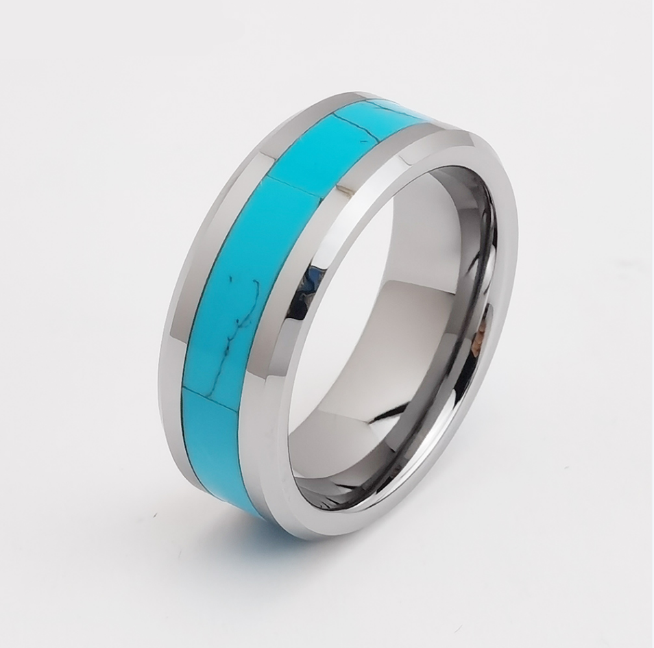 Tungsten Ring in Stock Popular 8mm High polished Silver Men's Flat Beveled Edges Tungsten Carbide Ring with Turquoise Inlay China Manufacturer