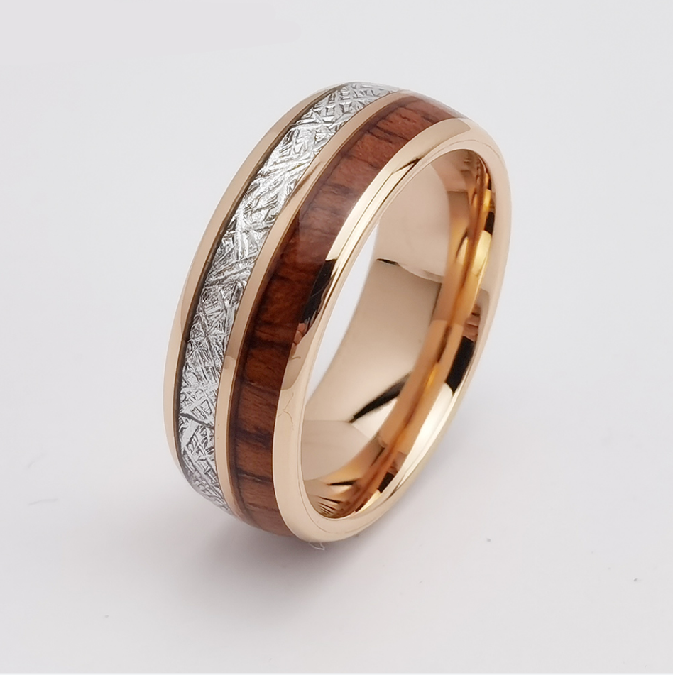 Wolfram-Ring auf Lager Beliebter 8 mm hochglanzpolierter Wolframcarbid-Ring für Herren aus Roségold mit Meteorit und Holzeinlage China-Hersteller