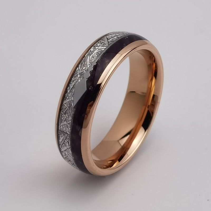 Chine Anneau de tungstène en stock Bague populaire en carbure de tungstène en forme de dôme pour hommes en or rose poli de 8 mm avec incrustation de pierre de météorite et de lapis-lazuli Fabricants