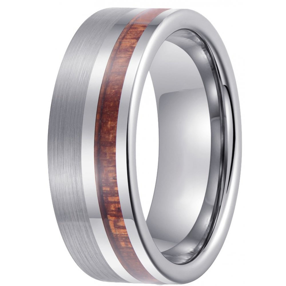 Tungsten Ring in Stock Popular 8mm High polished and brushed Silver Men's Flat Tungsten Carbide Ring with Wood Inlay China Supplier